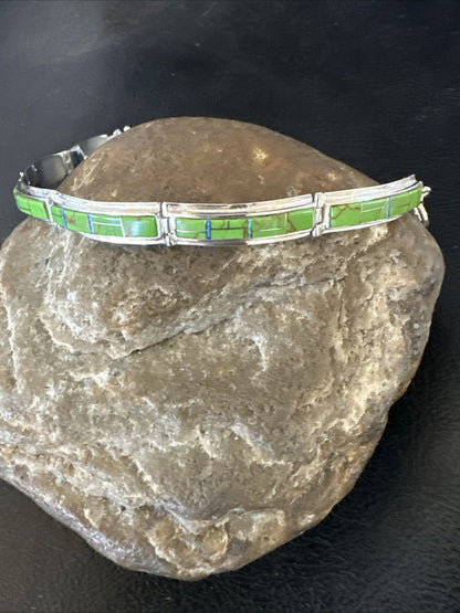 Womens Green Gaspeite Inlay Link Bracelet 7.5” Sterling Silver 19152