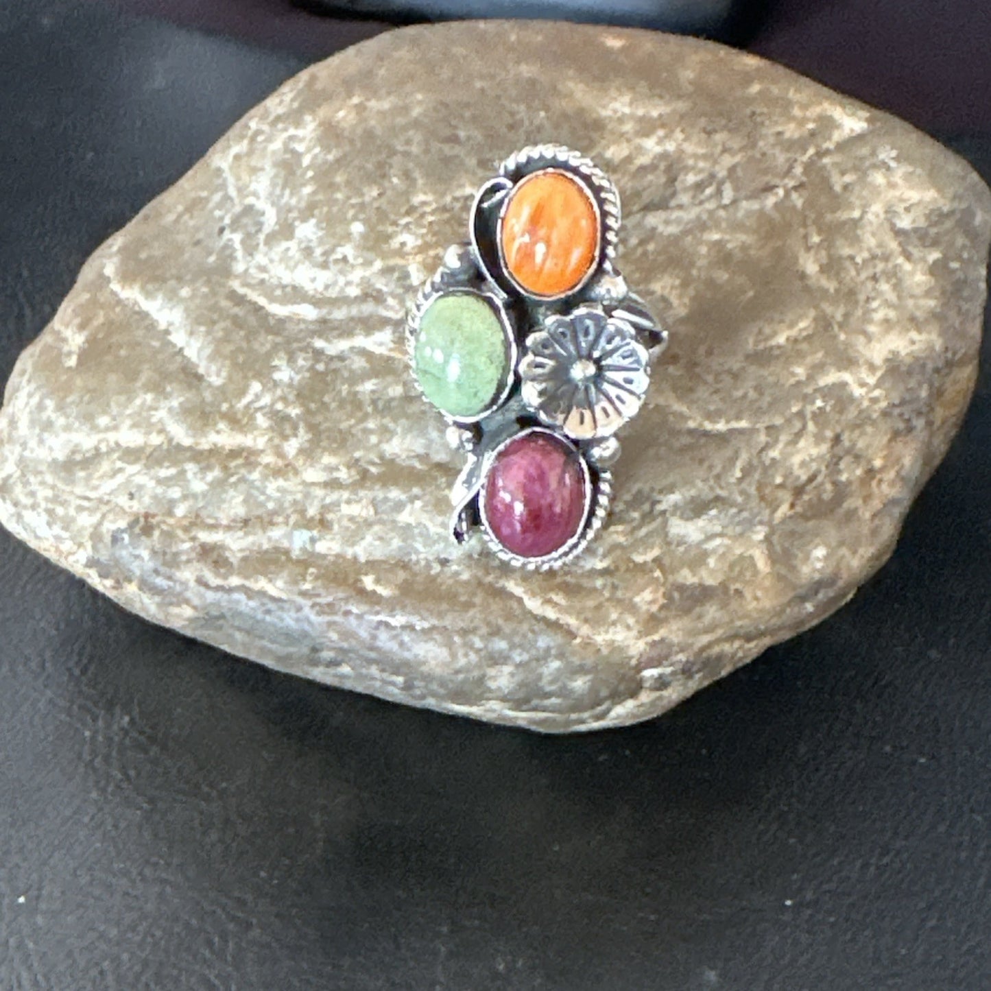 Multicolor Ring Turquoise Spiny Navajo Sterling Silver Cluster Size 8 19169