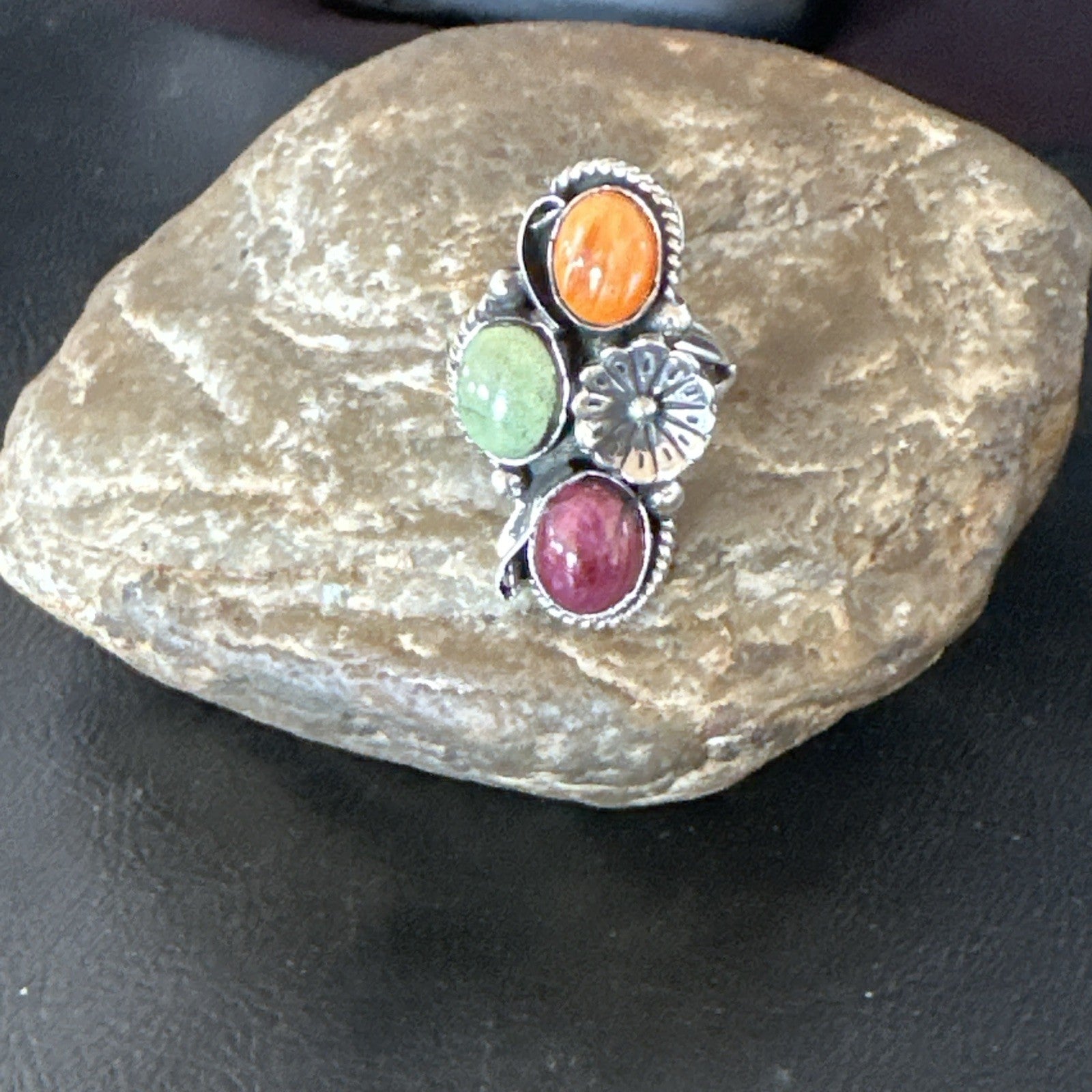 Multicolor Ring Turquoise Spiny Navajo Sterling Silver Cluster Size 8 19169