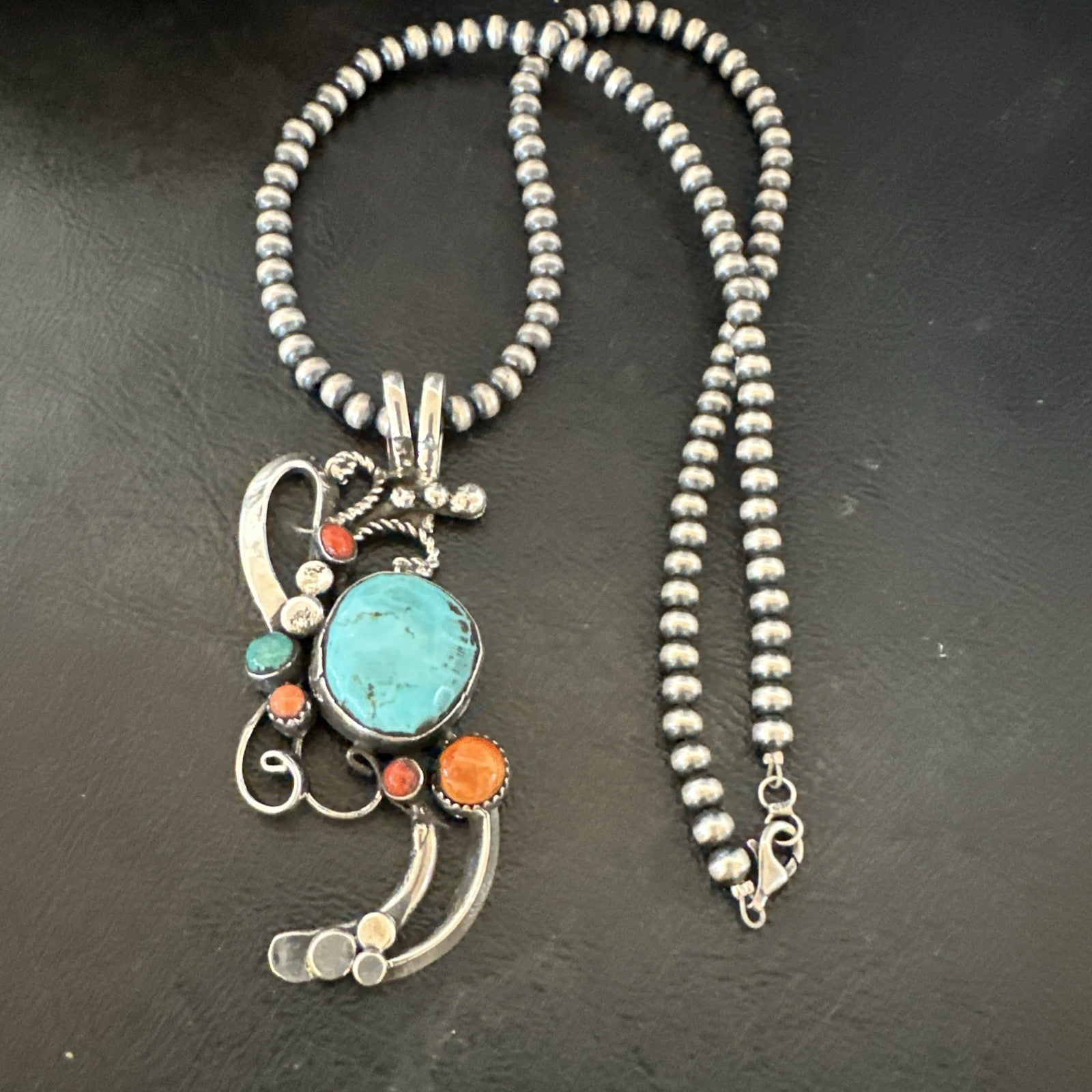 Multicolor Turquoise Spiny Navajo Sterling Silver Cluster Pendant Necklace 19683