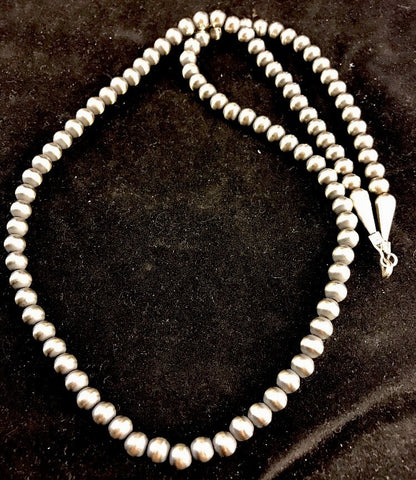 Native American 4mm Sterling Silver Navajo Pearls 22" Hook & Eye Cone Necklace