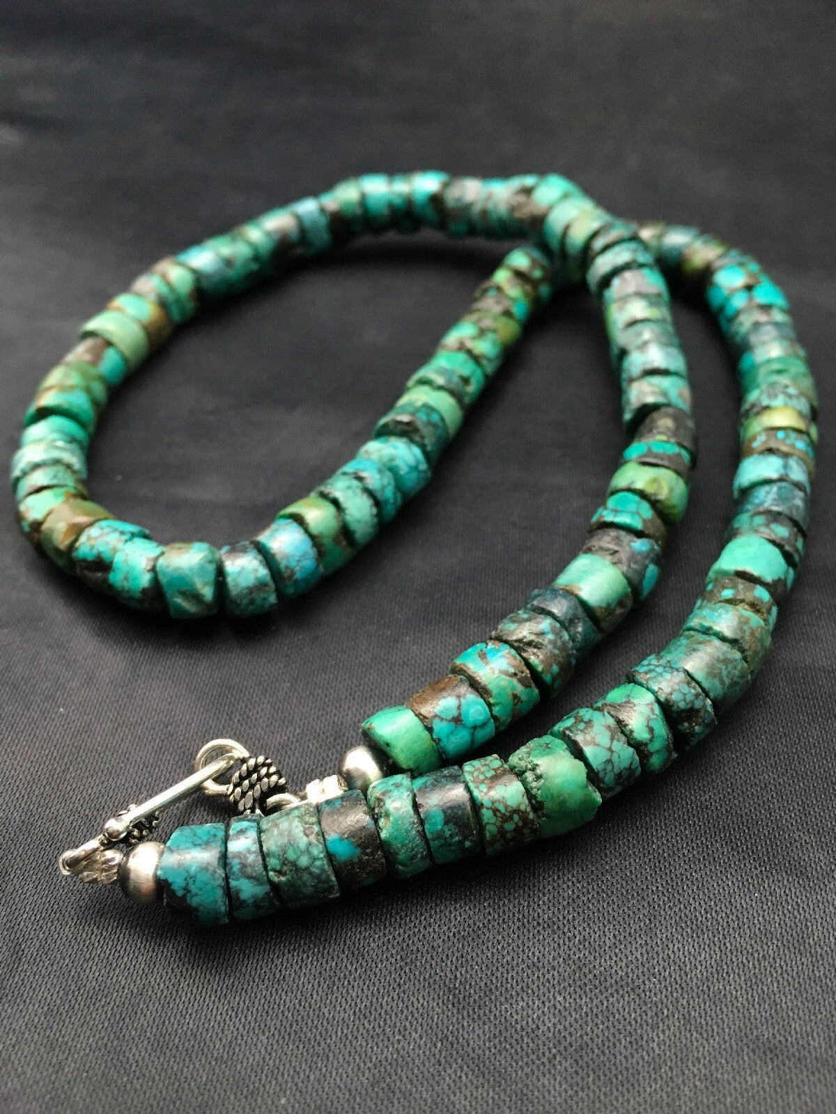 Turquoise 8mm Heishi Southwestern Sterling Silver Beads Necklace 20" 4348