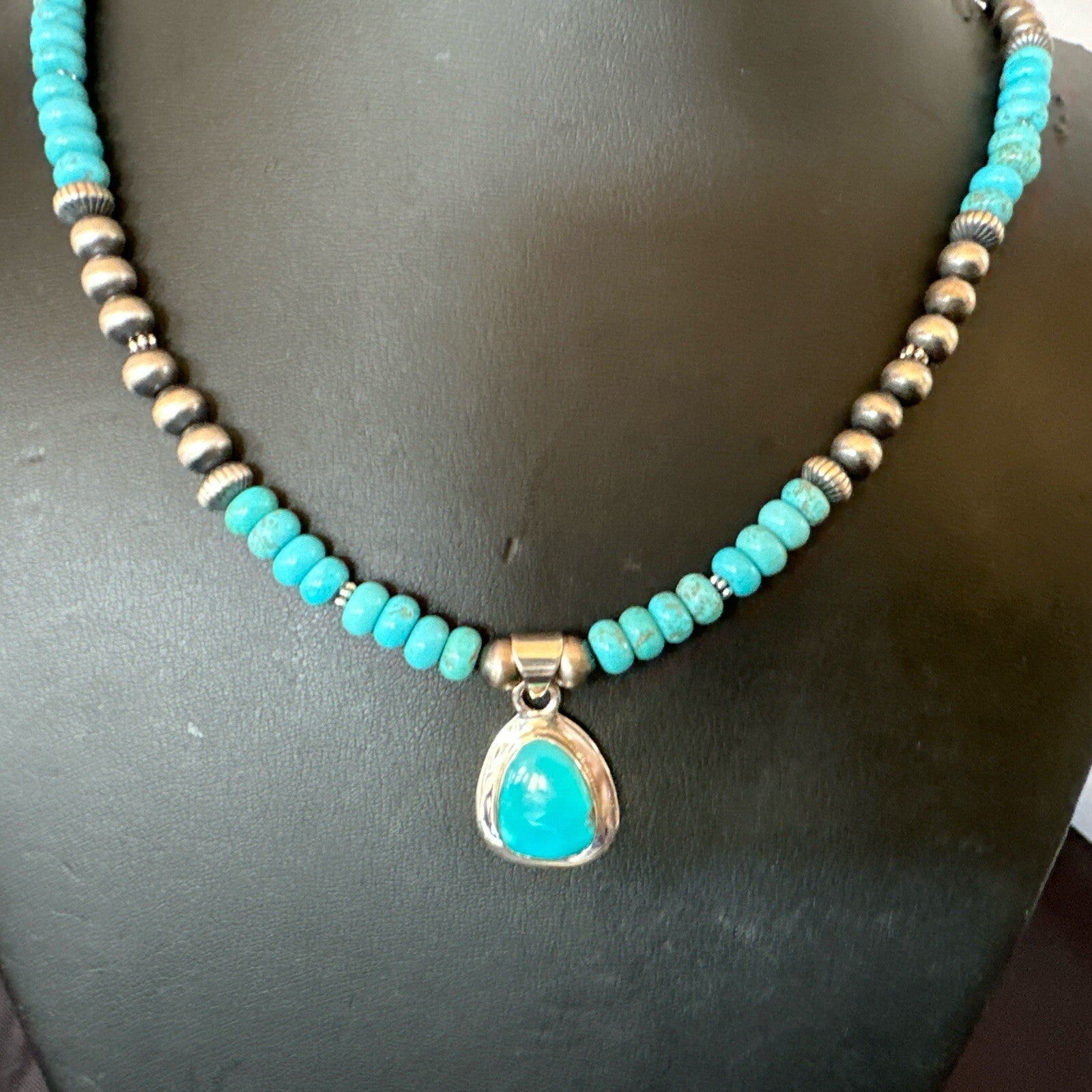 Mens Blue Kingman Turquoise Pendant Navajo Sterling Silver Necklace 21" 18107