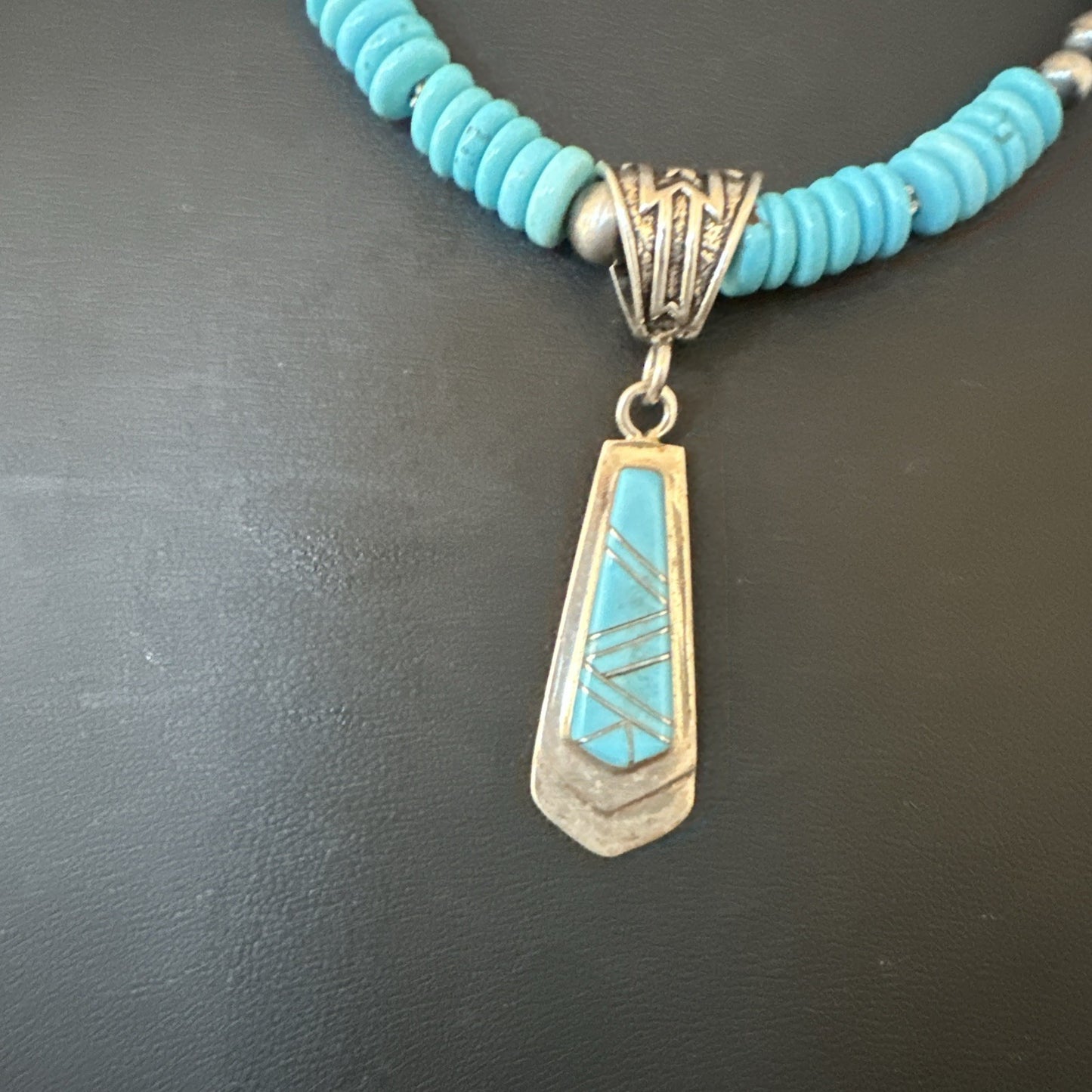 Blue Turquoise Inlay Pendant Navajo Sterling Silver Necklace 20" 19677