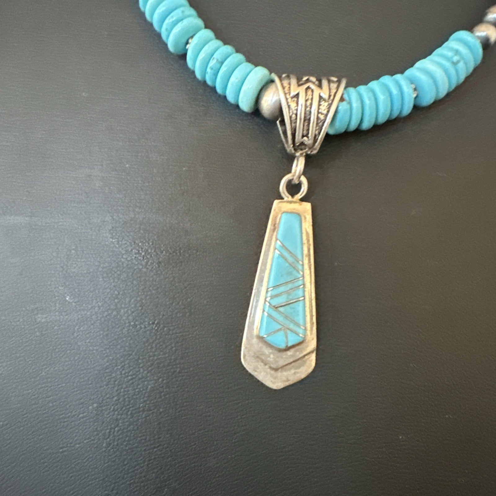 Blue Turquoise Inlay Pendant Navajo Sterling Silver Necklace 20" 19677