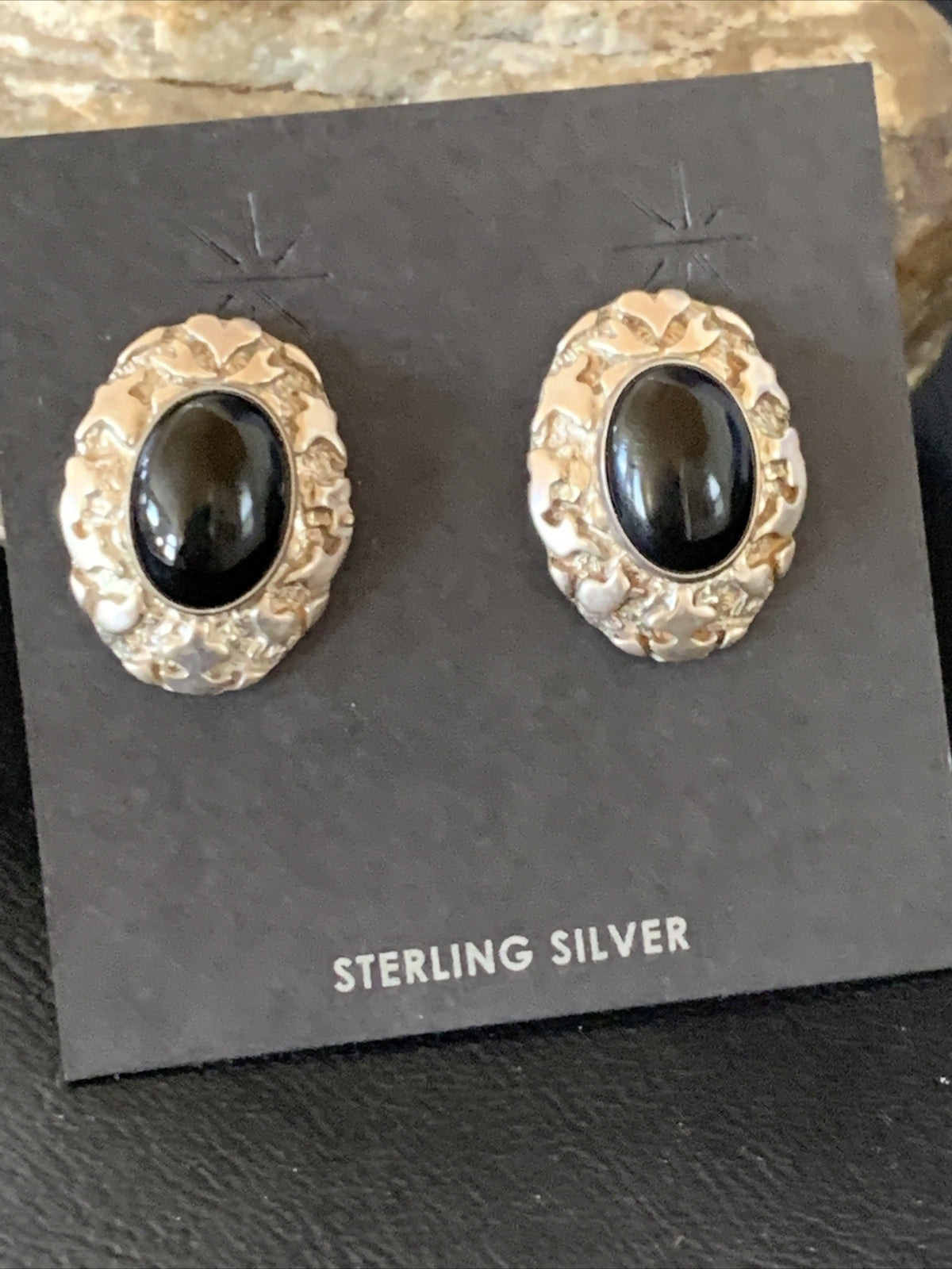 Native American Womens Nugget Sterling Silver Black Onyx Earrings 1" 13047