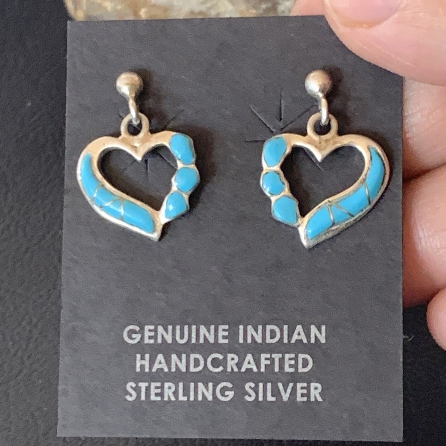 Blue Turquoise Heart Navajo Sterling Silver Dangle Post Earrings 0.5" 12717
