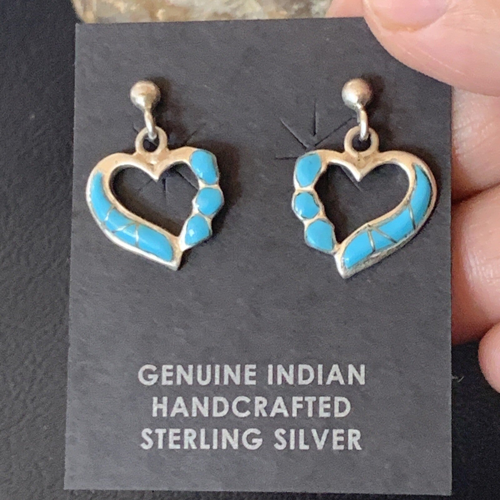 Blue Turquoise Heart Navajo Sterling Silver Dangle Post Earrings 0.5" 12717
