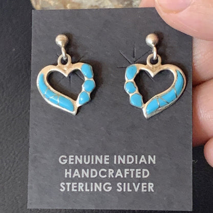 Blue Turquoise Heart Navajo Sterling Silver Dangle Post Earrings 0.5" 12717