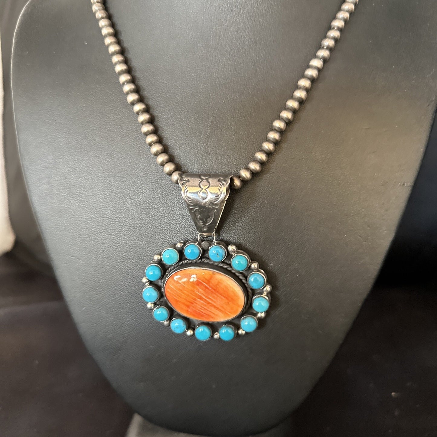 Blue Cluster Kingman Turquoise Sterling Orange Spiny Oyster Pendant 14353