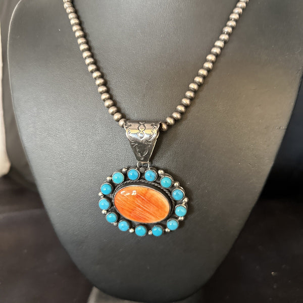 Blue Cluster Kingman Turquoise Orange Spiny Oyster Pendant | Sterling Silver | Authentic Native American Handmade | 14353