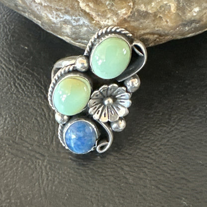 Yazzie Ring Green Turquoise Lapis Navajo Sterling Silver Cluster Size 8 19224