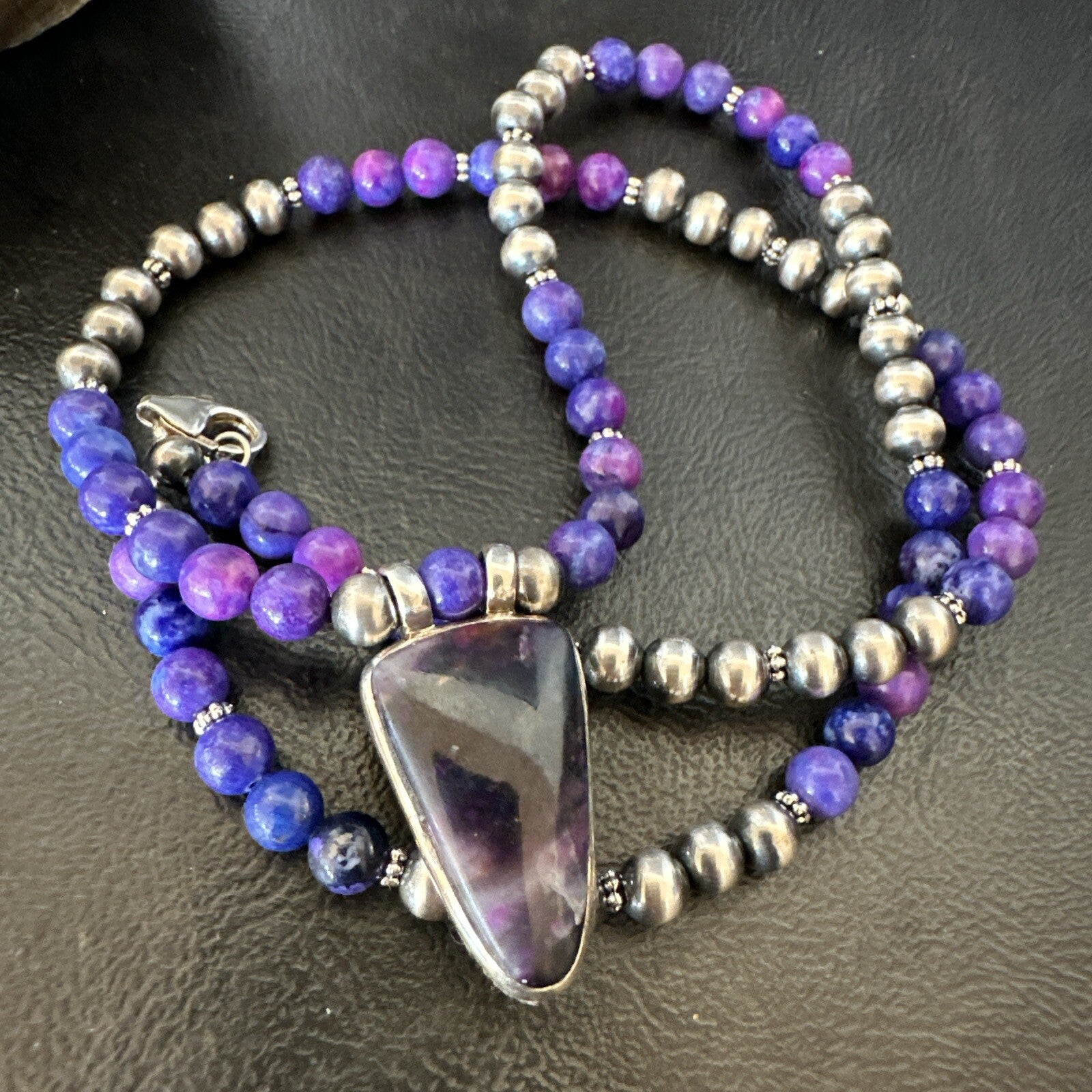 Purple Stone Pendant Navajo Pearls Sterling Silver Necklace 22” 18294