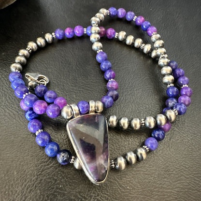 Purple Stone Pendant Navajo Pearls Sterling Silver Necklace 22” 18294