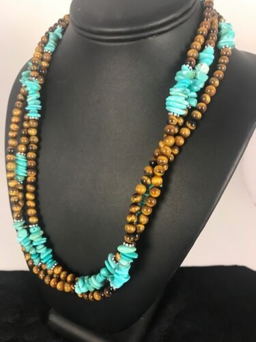 Men's Tigers Eye & Turquoise 3 Strand Necklace Navajo Sterling Silver 8418