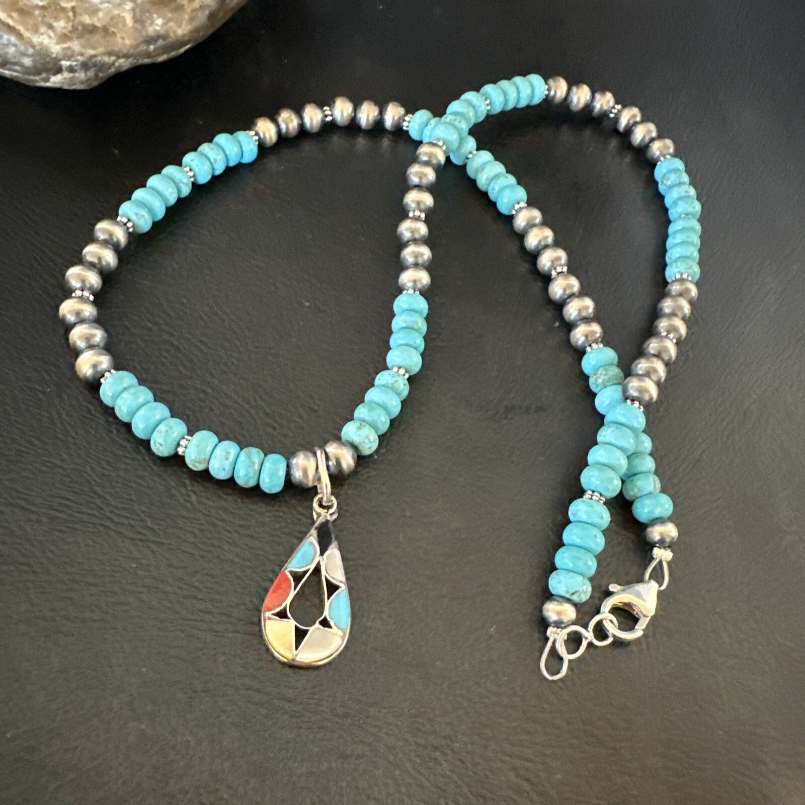 Zuni Turquoise Pink MOP Inlay Pendant 2Sided Necklace Sterling Silver 18062