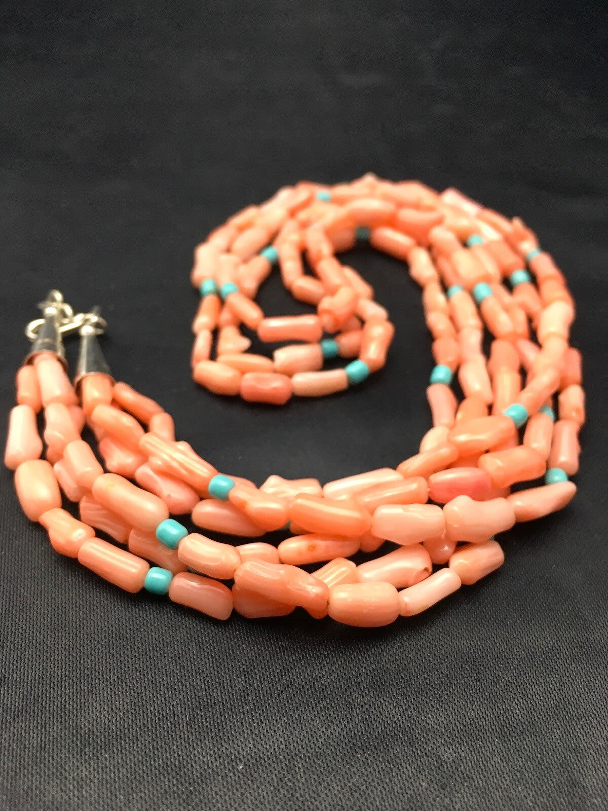 Turquoise & Pink Coral Southwestern Sterling Silver 3 Strand Necklace 04389