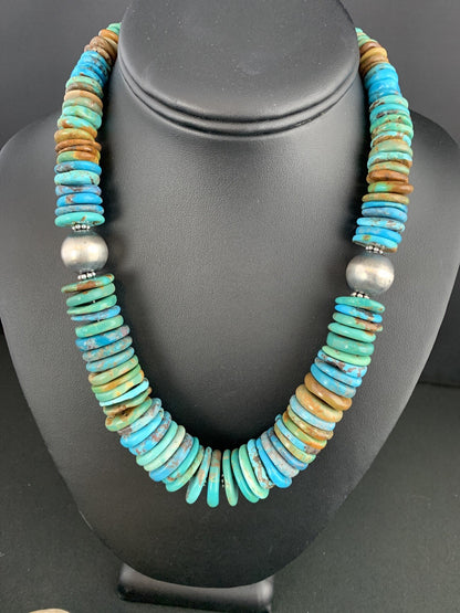 Mens Blue Green Turquoise Navajo Sterling Silver Necklace 00231