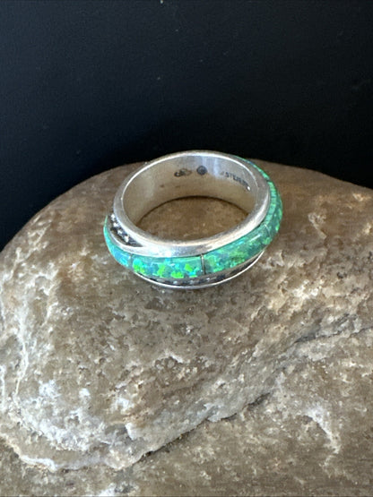 Green Opal Navajo Sterling Silver Band Inlay Ring Size 7 18809