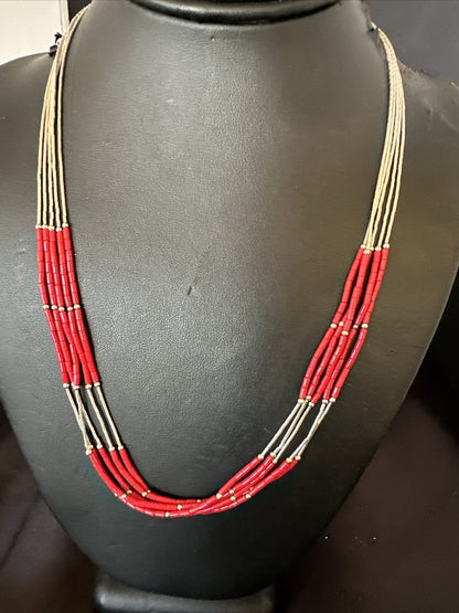 Red Coral Heishi Liquid Sterling Silver 5S Necklace 20" 17739