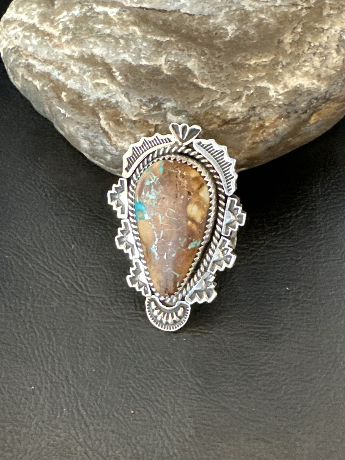 Navajo Sterling Silver Ribbon Boulder Green Turquoise Ring Size 11.5 19614