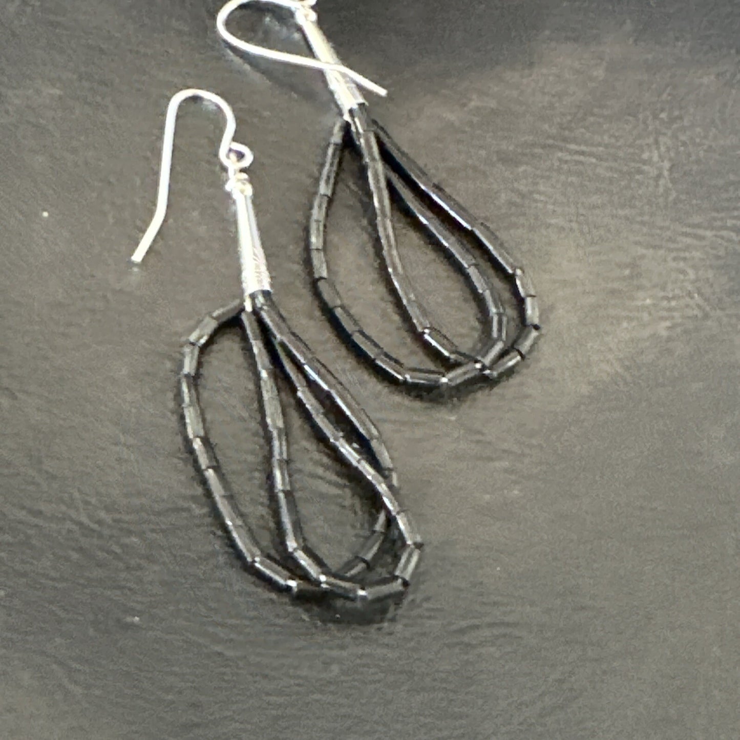 Black Onyx Heishi 2S Bead Southwestern Sterling Silver Earrings 2" 18177