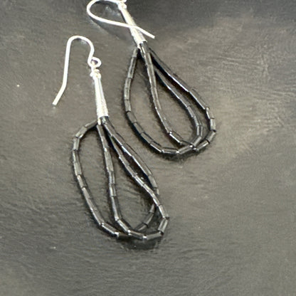Black Onyx Heishi 2S Bead Southwestern Sterling Silver Earrings 2" 18177