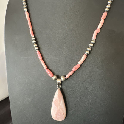 Southwestern Sterling Silver Pink Coral Bead Necklace Quartz Pendant 24" 19589
