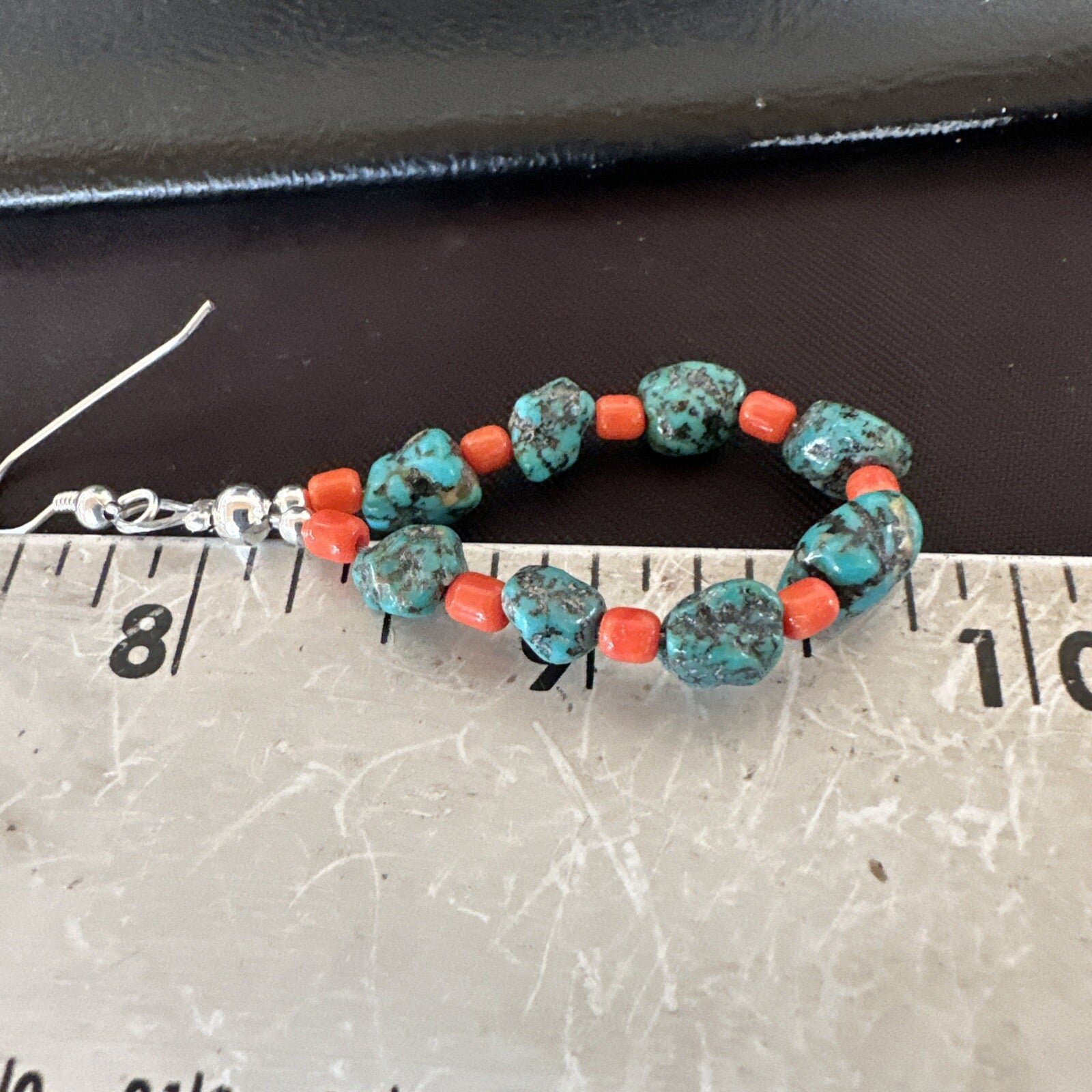 Blue Kingman Nugget Turquoise Coral Navajo Sterling Silver Earrings 2” 18836