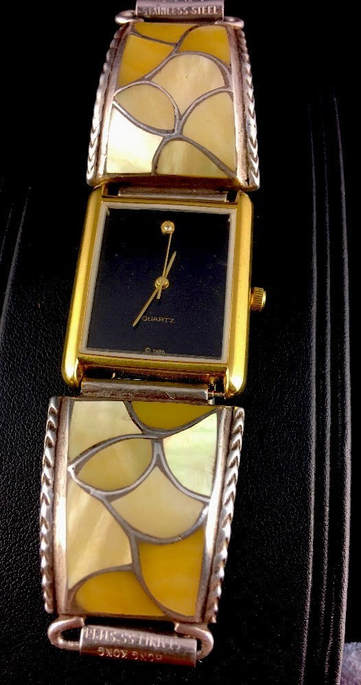 Yellow Mother Of Pearls Zuni Sterling Silver Old Pawn Bolo Tie & Watch 03114