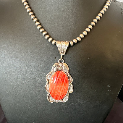 WoMens Red Spiny Oyster Pendant Navajo Sterling Silver Necklace 18366
