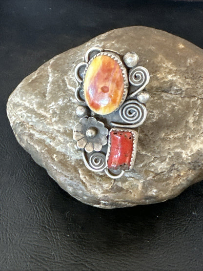 Old Pawn Spiny Oyster Coral Navajo Sterling Silver Cluster Ring Sz 6 19762
