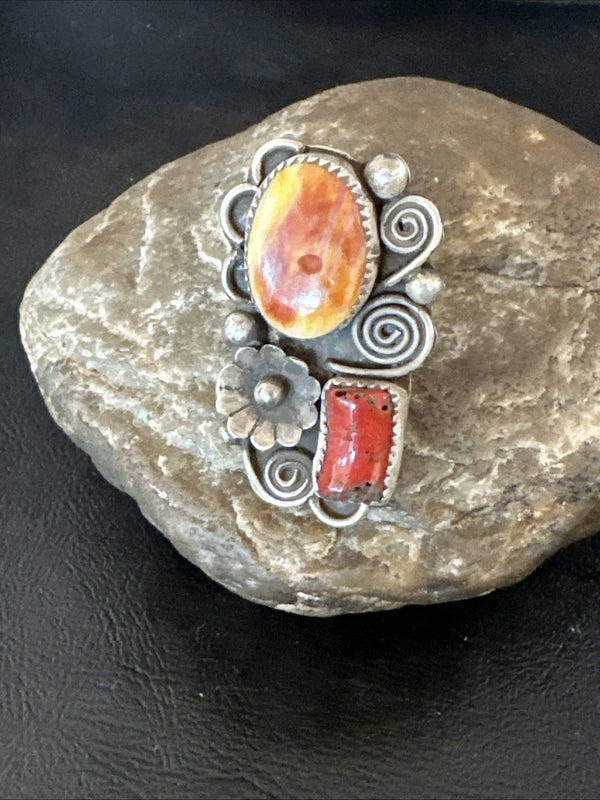 Old Pawn Spiny Oyster Coral Navajo Cluster Ring Sz 6 | Sterling Silver | Authentic Native American Handmade | 19762