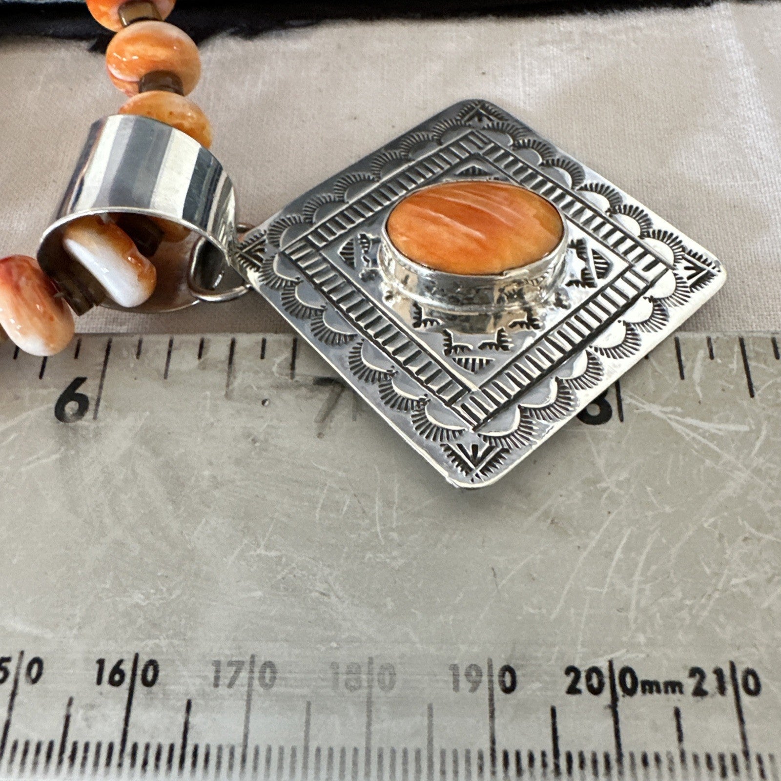 H Joe Orange Spiny Oyster Pendant Navajo Sterling Silver Necklace 19481