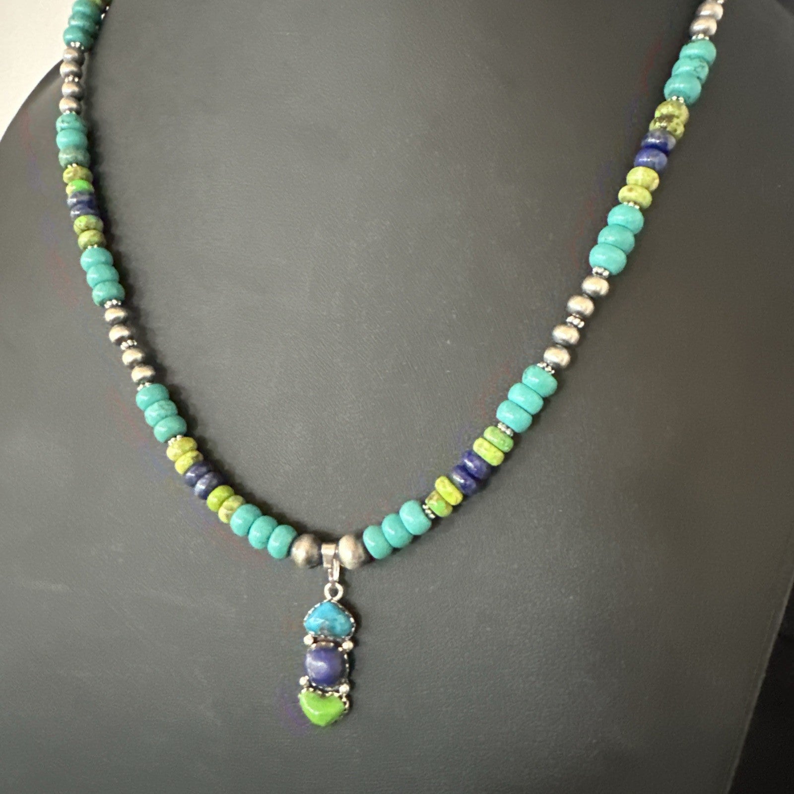Blue Lapis Green Turquoise Cluster Pendant Navajo Sterling Silver Necklace 19659