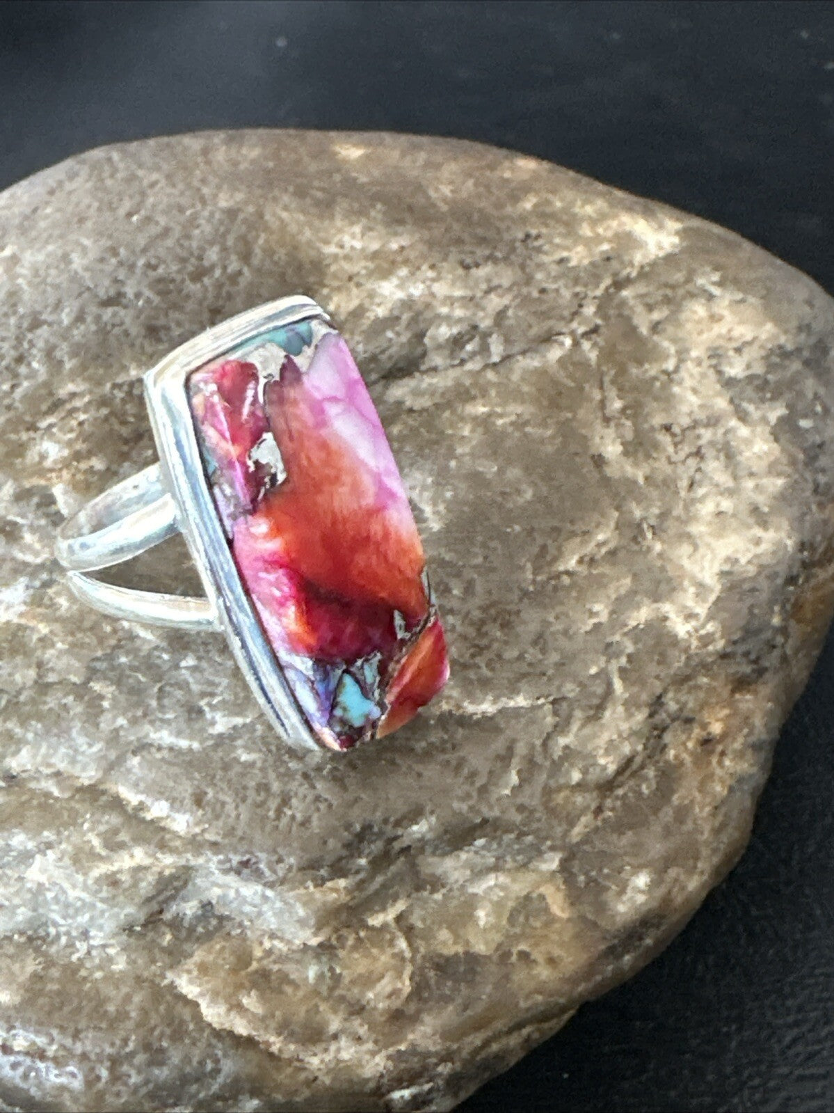 Blue Turquoise Spiny Oyster Southwestern Sterling Silver Ring Size 9 18465