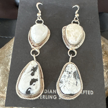 Womens White Buffalo Turquoise Navajo Sterling Silver Dangle Earrings 2” 17962
