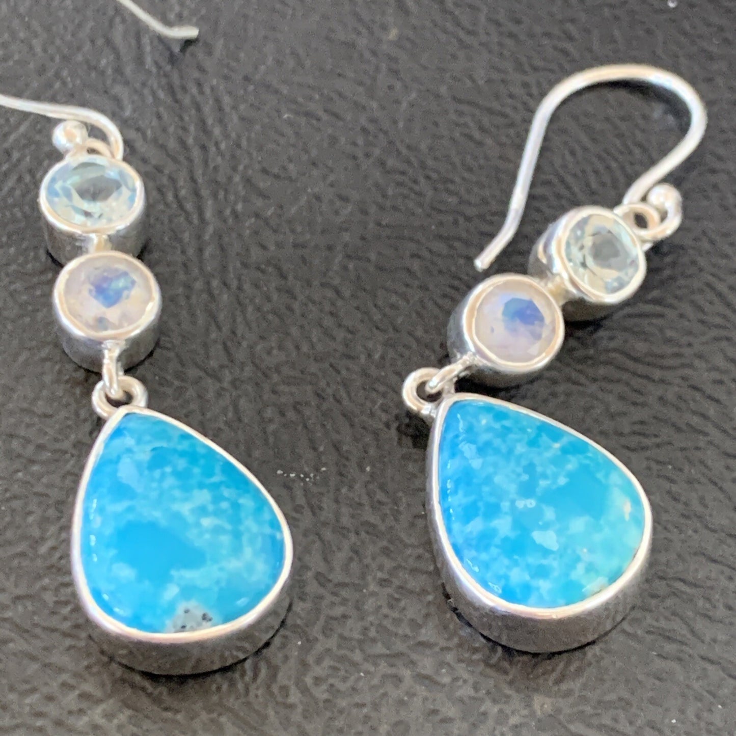 Blue Kingman Turquoise & Topaz Navajo Sterling Silver Dangle Earrings 11590