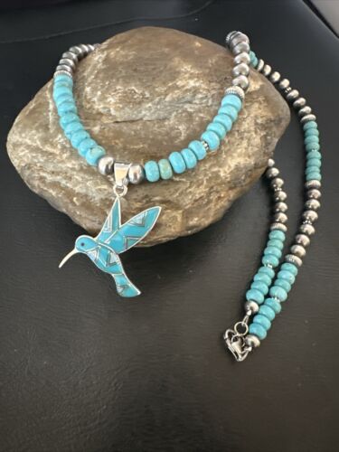 Navajo Turquoise Opal Hummingbird Inlay Pendant | Sterling Silver Necklace | Authentic Native American Handmade | 16844