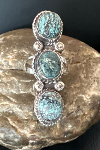 Navajo Blue Spiderweb Turquoise Multi-Stone Ring | Authentic Native American Sterling Silver | Sz 9 | 16707