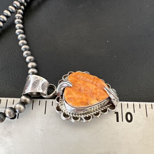 Navajo Orange Spiny Oyster Heart Pendant Necklace | Sterling Silver | Authentic Native American Handmade | 16294 - Masha USA