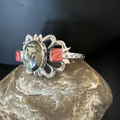 Navajo Green Turquoise & Coral Tufa Cast Cuff Bracelet | Sterling Silver | Authentic Native American Handmade | 16777