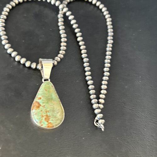 Navajo Green Turquoise Pendant Necklace | Sterling Silver | Authentic Native American Handmade | 15020