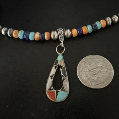 Navajo Spiny Oyster Turquoise Lapis Inlay Pendant Necklace | Sterling Silver | 21" | 16769