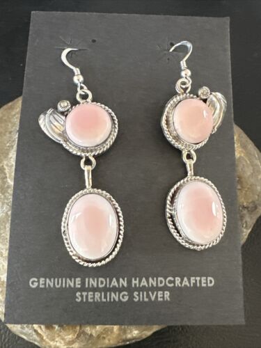 Navajo Pink Conch Shell Dangle Earrings | Sterling Silver | Authentic Native American Handmade | 17194