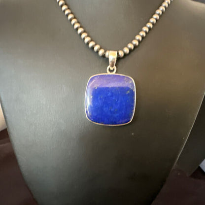 Navajo Blue Lapis Pendant with Pearls | Sterling Silver Necklace | 20" | Authentic Native American Handmade | 16665