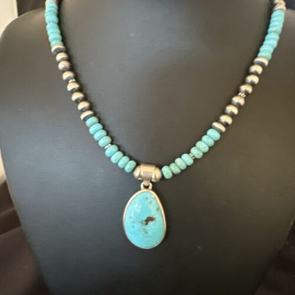Navajo Blue Kingman Turquoise Pendant Necklace | Sterling Silver | 21" | Authentic Native American Handmade | 16932