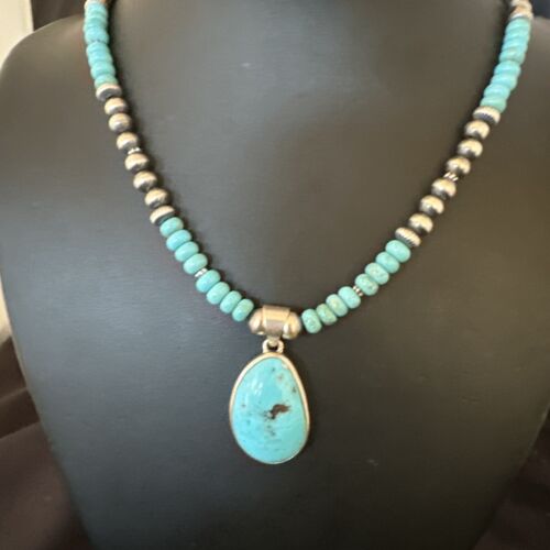 Navajo Blue Kingman Turquoise Pendant Necklace | Sterling Silver | 21" | Authentic Native American Handmade | 16932