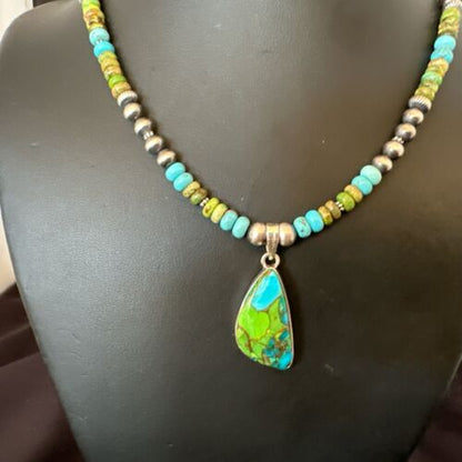Navajo Blue Green Mojave Turquoise Pendant | Sterling Silver Pearl Necklace | Authentic Native American Handmade | 16921