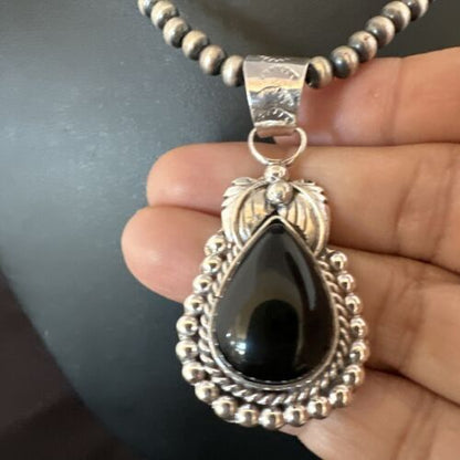 Native American Men's Pendant | Navajo Pearls | Sterling Silver Black Onyx Necklace | 16131